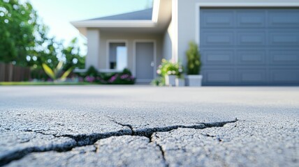 Crack in the foundation in front of the garage. Background or backdrop with copy space