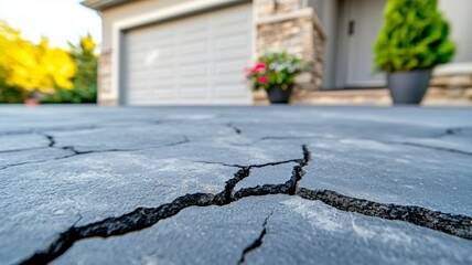 Crack in the foundation in front of the garage. Background or backdrop with copy space