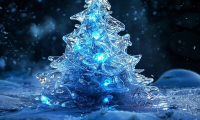 Wall Mural - A shimmering ice sculpture of a Christmas tree, with intricate frost patterns and soft, glowing blue lights embedded within, set against a snowy background