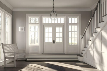 A bright and inviting entryway featuring stairs, a bench, and large windows.