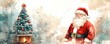 © Nattapat - Watercolor Christmas illustration featuring Santa Claus, a beautifully decorated Christmas tree, and a cozy fireplace, perfect for holiday cards and background PNG