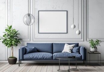 A modern living room interior with a blue velvet sofa. a coffee table. two potted plants. and a large blank canvas on the wall