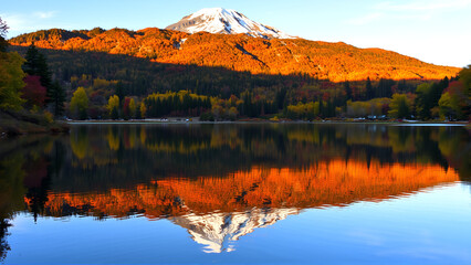 A majestic mountain peak capped with snow reflects in the still waters of a serene lake, surrounded by a vibrant tapestry of autumn foliage.