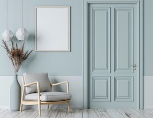 A light blue room with a wooden chair. a vase with dried flowers. two geometric lamps. and a blank frame on the wall The room has a light blue wall. a white wainscoting. and a light blue door