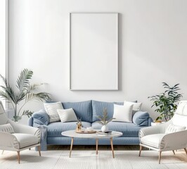 a minimalist living room interior with a blue sofa. two white armchairs. a coffee table. a rug. and 