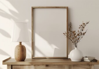 A wooden table with a lamp. a vase with branches. and a blank poster frame