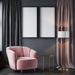 A cozy living room interior with a pink armchair. a golden side table. a floor lamp. and two blank frames hanging on the wall