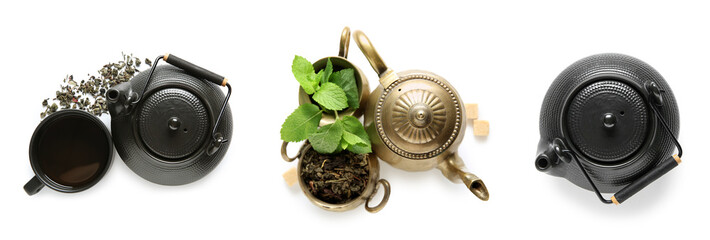 Set of different teapots on white background, top view