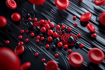Poster - Simple geometric design showing the stages of stem cell differentiation into red blood cells, skin cells, and neurons, highlighting the journey of cellular growth in a clean, abstract layout,