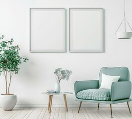 Minimalist living room interior with a comfortable armchair. a side table. a potted plant. and two empty frames on the wall