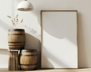 A large empty picture frame leaned against a wall with two wooden barrels in front of it One barrel is on a wooden crate. and the other is on the floor A dried plant in a vase is to the left of the fr