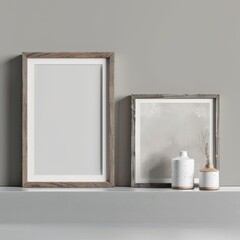 Two empty picture frames with rustic wooden frames. a white vase with a twig. and a small brown vase on a grey shelf against a light grey wall