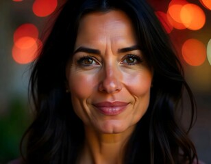 A close-up portrait of a middle-aged, olive-skinned person with vivid hazel eyes, full lips, and long dark hair. The background is blurred with colorful bokeh lights 