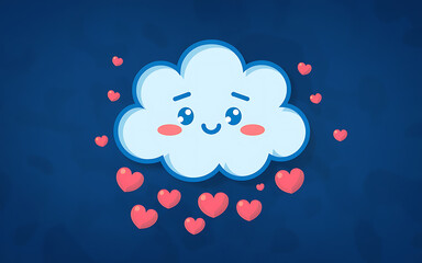 smiling blue cloud raining red hearts on a dark blue background cute cartoon illustration for valent