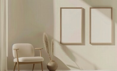 A minimalist living room with a comfortable armchair. pampas grass. and two blank frames The room has soft. natural light and a calming atmosphere