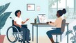 © Berkah - Young employer and woman in wheelchair sitting in front of one another and talking during interview.