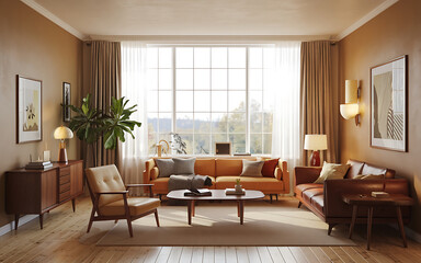 Mid Century Modern living room with brown leather sofa and orange couch  perfect for autumn home decor   