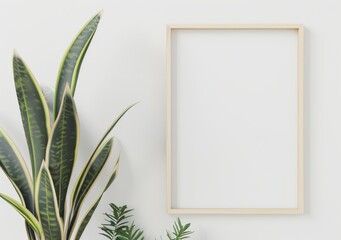 A simple wooden frame with a blank canvas against a white wall with a houseplant in the corner