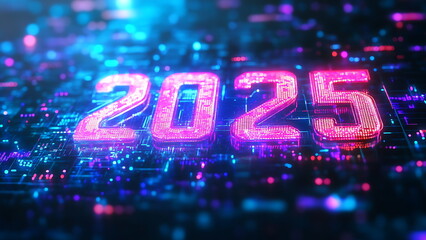 the number of the new year 2025 written on the circuit board. the meaning of technological progress in 2025