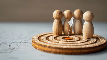 Wooden Figures Standing with Dartboard and Arrow for Team Success and Business Goal Setting