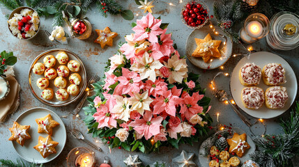 This festive table is decorated with a floral Christmas tree made of pink poinsettias, surrounded by an array of holiday desserts and festive decorations