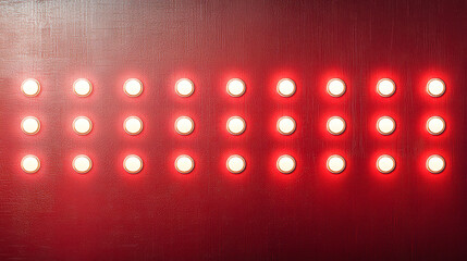 Poster - Bright round bulbs emit warm light against a striking red background, arranged in a grid pattern, highlighting a modern artistic design near evening ambiance