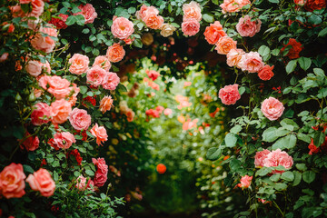 Wall Mural - A stunning pathway adorned with vibrant pink and peach roses, surrounded by dense green leaves, creating a serene and inviting spring atmosphere