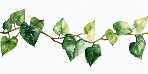 Watercolor painting of a green ivy vine with leaves in various shades of green on a white background.