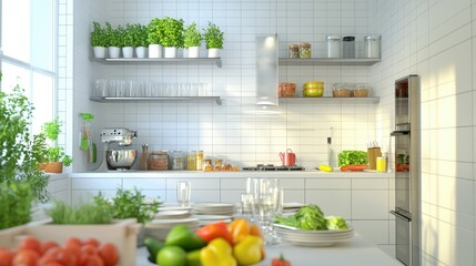 Bright Modern Kitchen with Fresh Ingredients and Plants