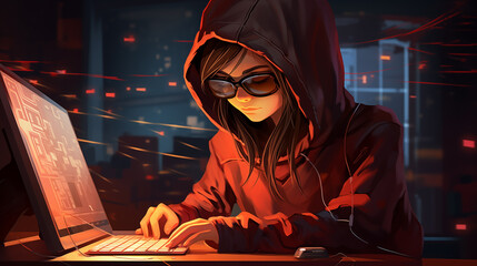 Girl working on computer. Illustration of hacker.