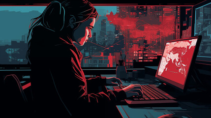Girl working on computer. Illustration of hacker.