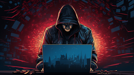 A guy works at a computer. Illustration hacker.