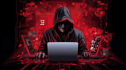 A guy works at a computer. Illustration hacker.