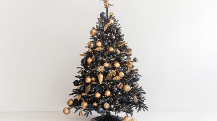 Black and gold Christmas tree isolated on white background.