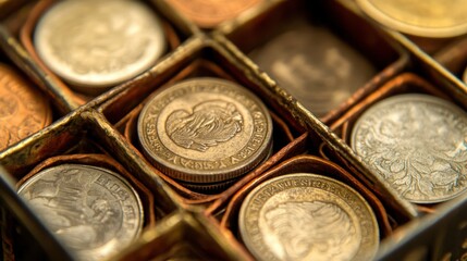 Vintage Coins in a Wooden Box Arrangement