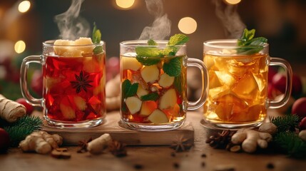 Three steaming glasses of spiced herbal tea with ginger, mint, and fruit, set in a cozy holiday atmosphere with warm lights.