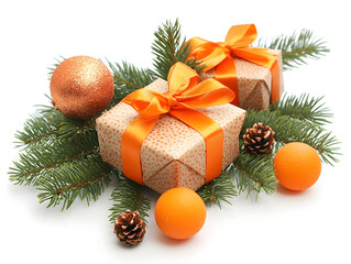 Two gifts wrapped in brown paper with orange ribbon are nestled amongst evergreen branches and festive ornaments.