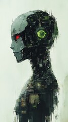 Aufkleber - A robotic head with red eyes and green circuits is depicted in a digital painting style.