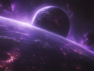 Poster - A purple planet with a glowing atmosphere in space.
