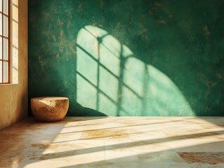 Poster - A minimalist interior design with a textured green wall, a wooden stool, and sunlight streaming through a window.