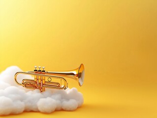 A shiny golden trumpet rests on fluffy clouds against a bright yellow background, evoking a whimsical and joyful atmosphere.