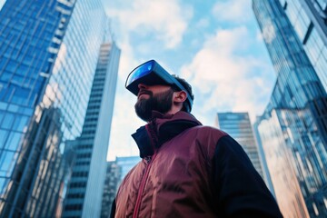 A traveler navigating a digital cityscape through augmented reality glasses, with interactive landmarks and real-time navigation guides, Augmented city tour scene