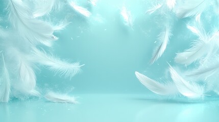 Naklejka na meble Soft white feathers gently falling against a tranquil light blue background