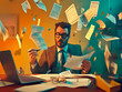 © Enrique - AI-Generated image of A man is sitting at a desk with papers flying around him. He is holding a pen and he is in a state of panic. The scene suggests that he is overwhelmed with work or has a deadline