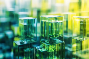 Fototapete - Abstract background of stacked translucent cubes with green and yellow hues, creating a sense of depth and dimension.