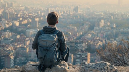 A man sits on a mountain top with a backpack on his back