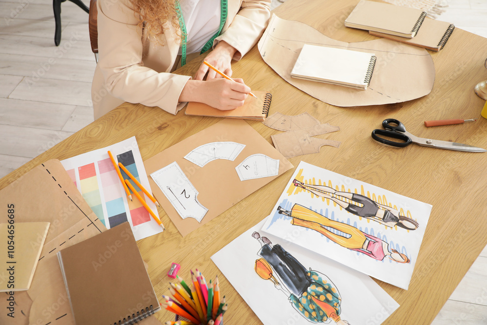 Female fashion designer drawing at table in studio, closeup