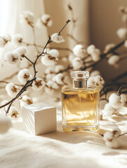 Wall Mural - bottle of perfume surrounded by cotton flowers, creating serene and elegant atmosphere. soft colors and natural elements evoke sense of tranquility and beauty