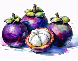 A vibrant illustration of mangosteens, one cut open to reveal the white flesh