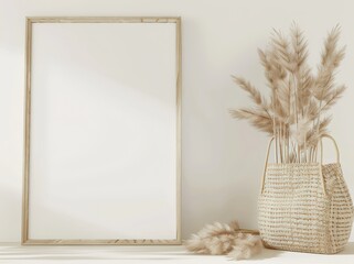 A blank poster frame on a white wall with dried pampas grass in a woven basket and on the floor